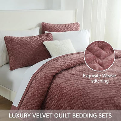 Luxury Velvet Quilt Bedspread Set – Ultra-Soft Cotton Quilted Coverlet, Queen, Mauve Pink