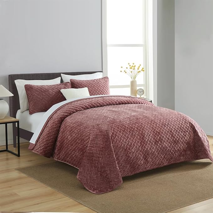 Luxury Velvet Quilt Bedspread Set – Ultra-Soft Cotton Quilted Coverlet, Queen, Mauve Pink
