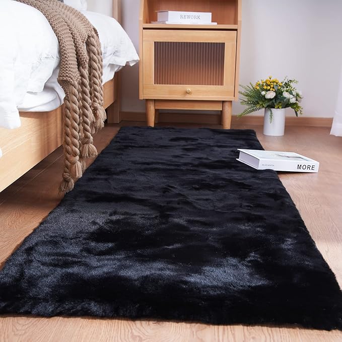Ultra Soft Faux Rabbit Fur Rug – 3x5, Machine Washable, Fluffy No-Shedding Area Rug for Bedroom & Living Room, Black