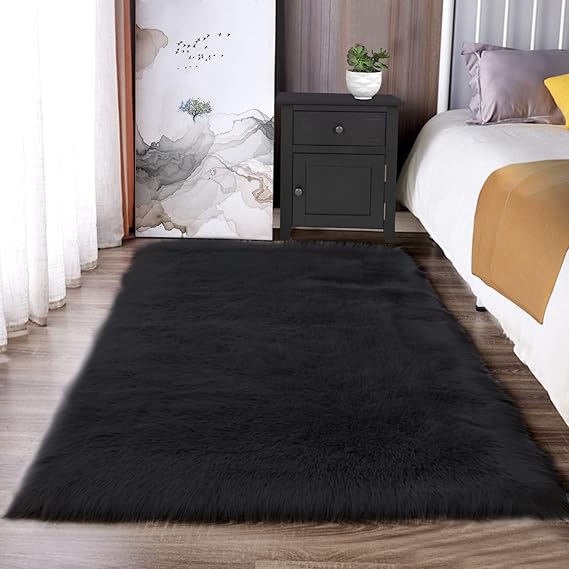 Black Faux Fur Sheepskin Rug – 3x5, Plush Shag Throw Rug, Washable Soft Area Rug for Bedroom & Living Room
