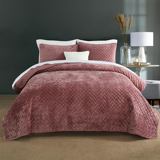 Luxury Velvet Quilt Bedspread Set – Ultra-Soft Cotton Quilted Coverlet, Queen, Mauve Pink