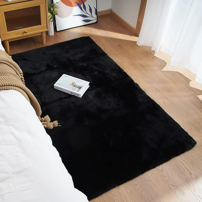 Ultra Soft Faux Rabbit Fur Rug – 3x5, Machine Washable, Fluffy No-Shedding Area Rug for Bedroom & Living Room, Black