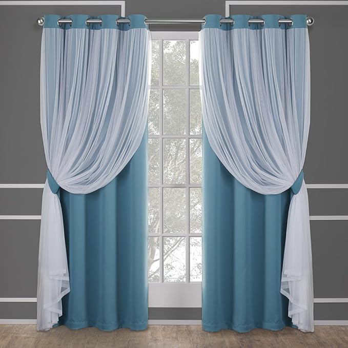 TOWN & COUNTRY LUXE Talia Double Layer Curtains – Sheer & Blackout, Energy Efficient, 2-Pack, 52"x84", Turquoise
