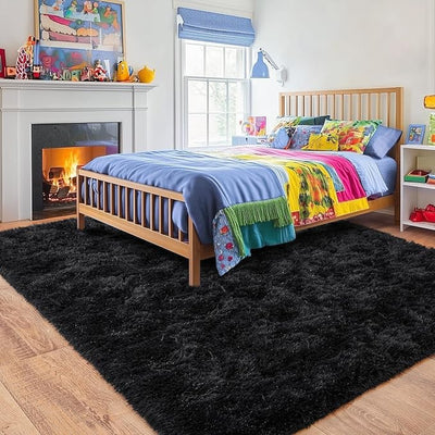 Black Shag Plush Area Rug – 8x10, Large Non-Slip Fluffy Carpet for Living Room, Bedroom, Kids Room & Nursery