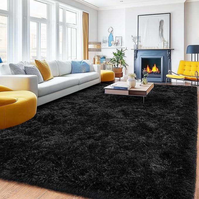 Black Shag Plush Area Rug – 8x10, Large Non-Slip Fluffy Carpet for Living Room, Bedroom, Kids Room & Nursery