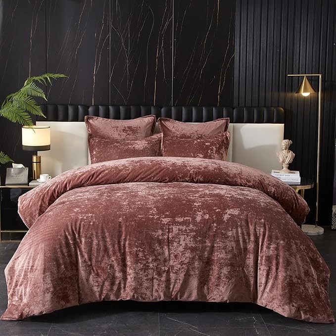 Crushed Velvet Comforter Set – 5-Piece Ultra-Soft Flannel Bedding, Blush Pink, Queen Size