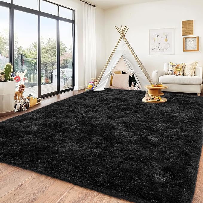 Black Shag Plush Area Rug – 8x10, Large Non-Slip Fluffy Carpet for Living Room, Bedroom, Kids Room & Nursery