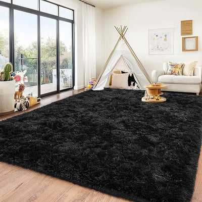 Black Shag Plush Area Rug – 8x10, Large Non-Slip Fluffy Carpet for Living Room, Bedroom, Kids Room & Nursery