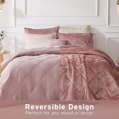 Velvet Comforter Set – 4-Piece Diamond Quilted Bedding with Decorative Pillow, Blush, Full/Queen