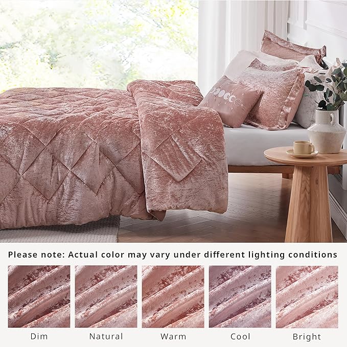 Velvet Comforter Set – 4-Piece Diamond Quilted Bedding with Decorative Pillow, Blush, Full/Queen